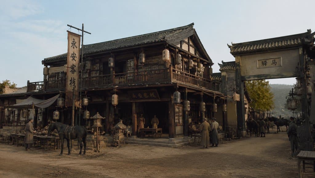 古代驿站客栈，木构两层建筑，挂有招幌和灯笼，门前有马匹和行人，写实古装风格