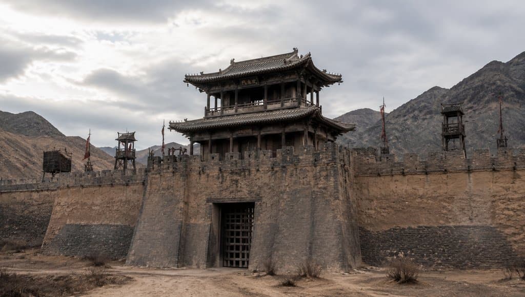 古代夯土包砖城门关隘，重檐城楼与箭垛，写实古装建筑风格