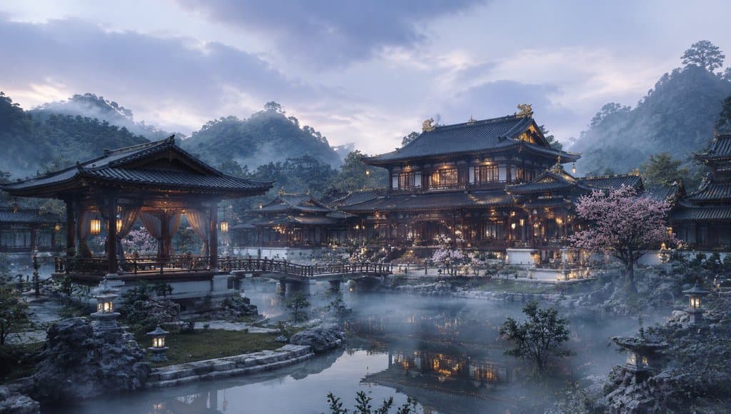 古风行宫别苑，中式园林楼阁，夜雾缭绕，灯火通明，樱花盛开，水面倒影清晰，写实风格