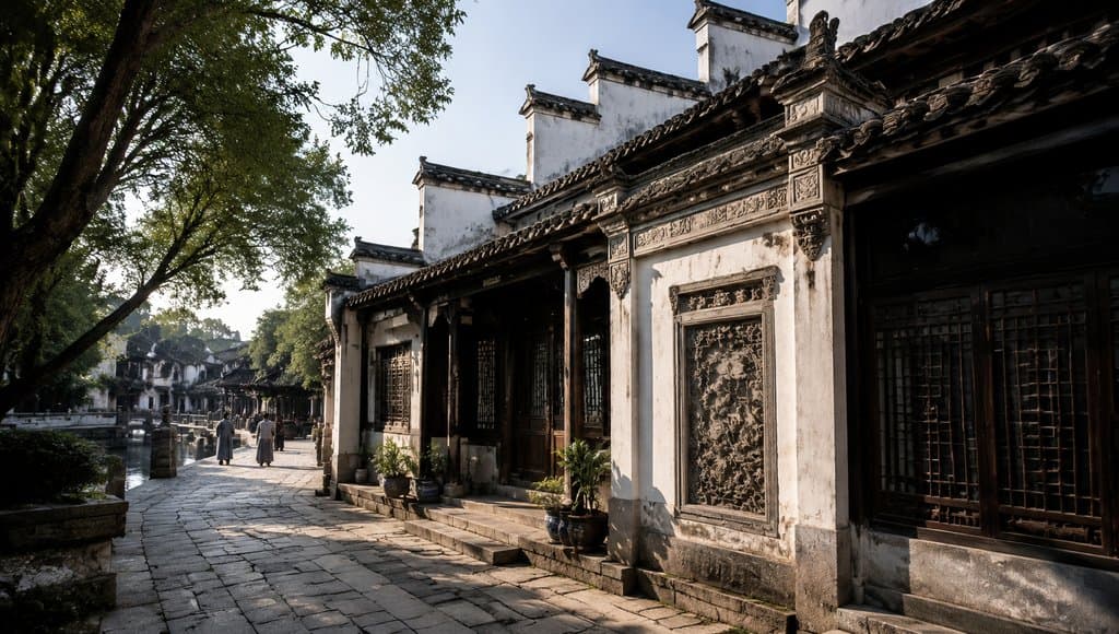 白墙黛瓦的古风民居，木门花窗，青石小巷，绿树掩映，写实中式建筑