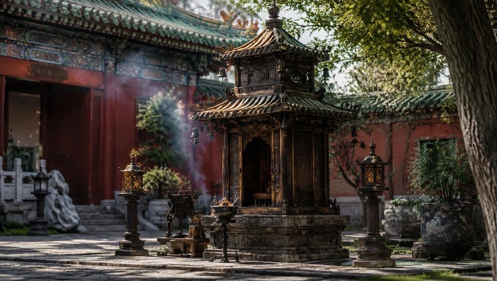 古装宫廷礼佛塔，精巧覆檐挂铃，烟雾缭绕，写实风格