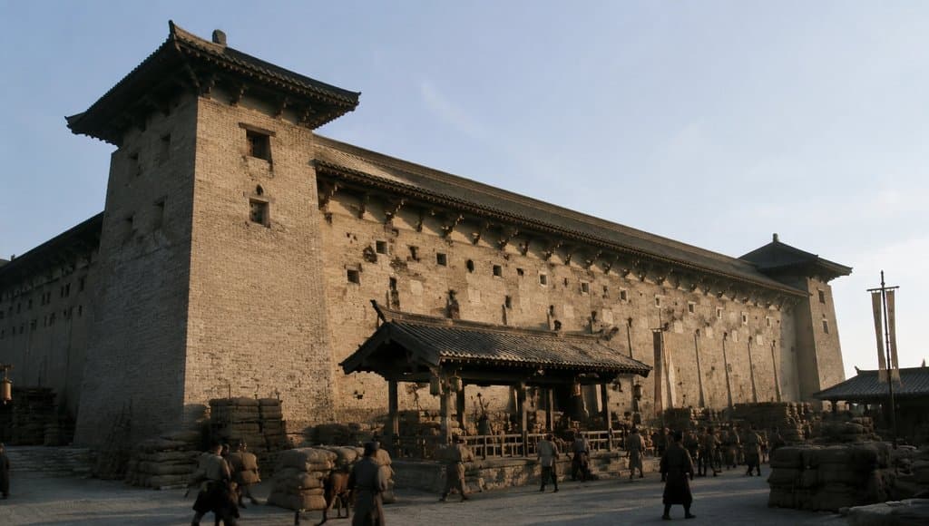 古代皇家粮仓，高大砖墙建筑，气窗排列，古装人物活动，写实风格