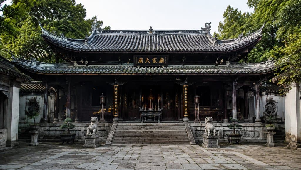 世家家庙，飞檐瓦顶，香案悬匾，古装宫廷写实建筑