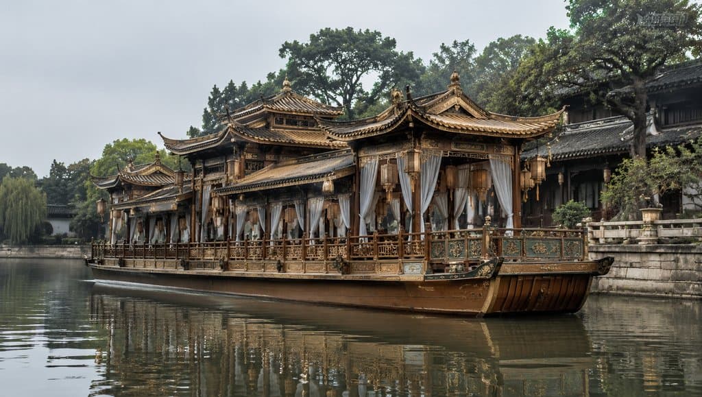 古风画舫游船，雕栏飞檐，帷幔灯笼，中式古典建筑风格