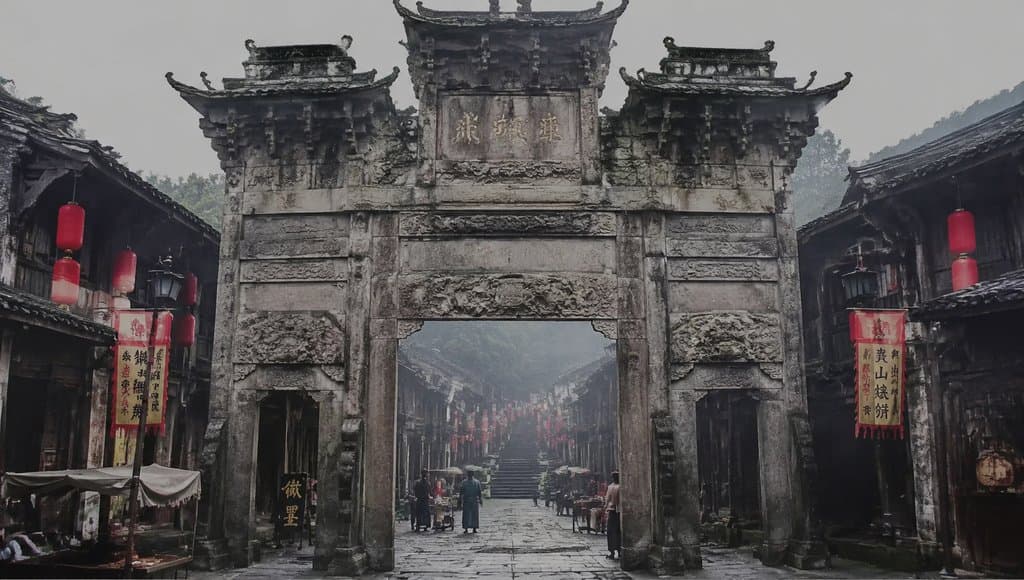 古风古镇石质拱门牌楼，斑驳浮雕与匾额，红灯笼点缀，两侧古建筑林立，雾气弥漫，人物穿行其间