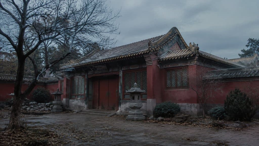 古装宫廷禁足偏殿，红墙灰瓦，紧闭宫门，石灯点缀，写实风格