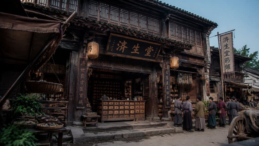 古风药铺门面，木构建筑，悬挂招幌匾额，门前药柜陈列，人物聚集，写实风格