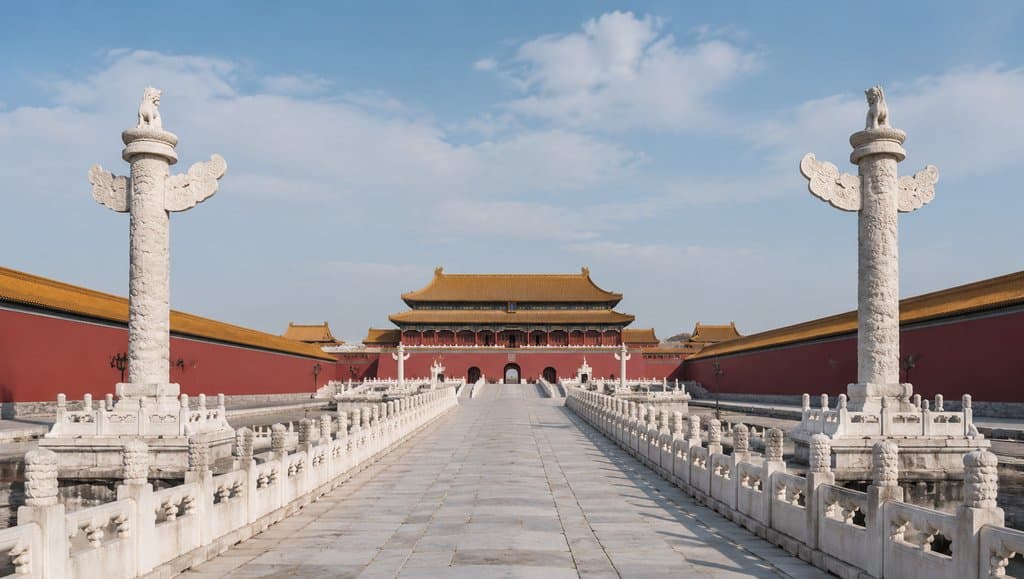 故宫御道，汉白玉栏杆与华表，红墙黄瓦宫殿，写实古装宫廷建筑