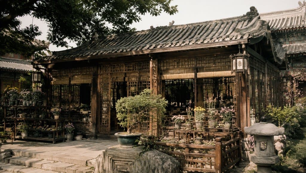 古装宫廷花房暖棚，木构建筑配窗格与花架，庭院绿植环绕，写实风格