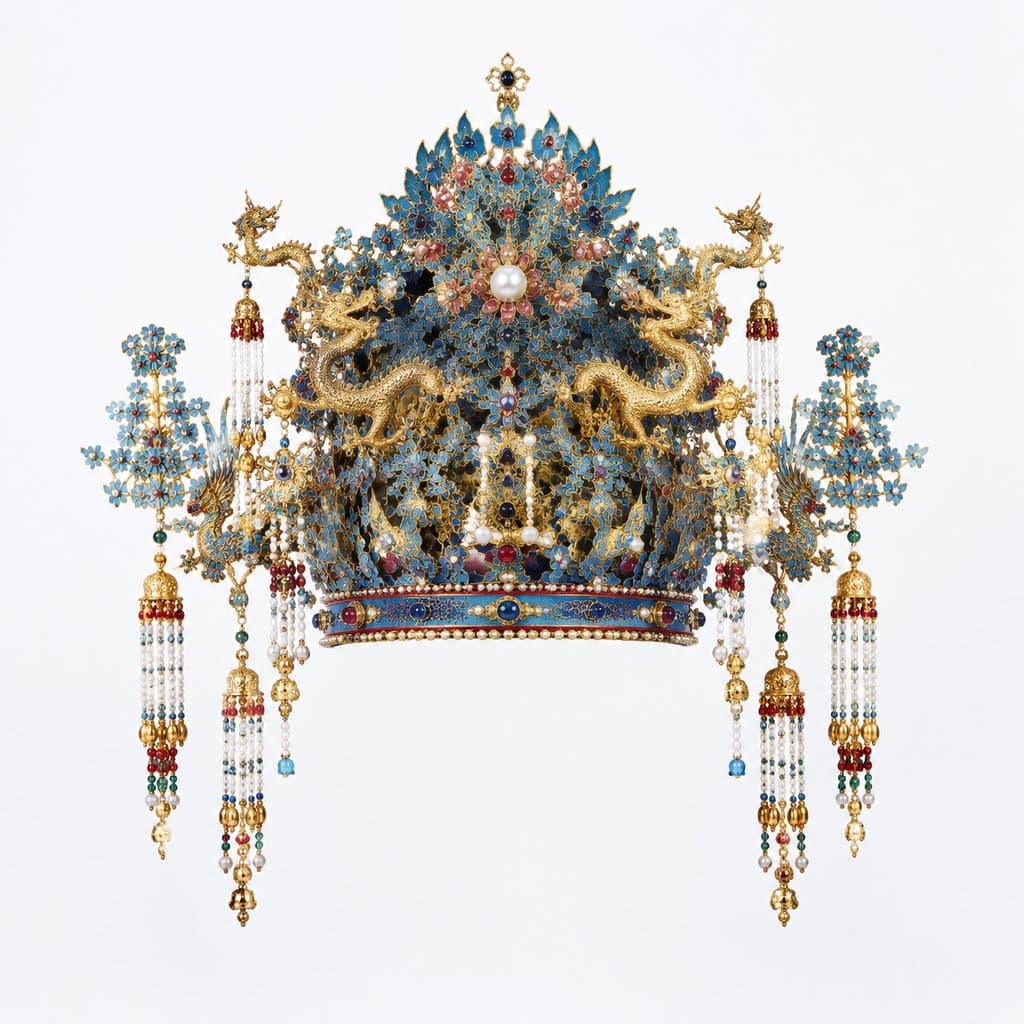 华丽的点翠累丝凤冠，饰有九龙四凤与垂珠，古装宫廷风格写实道具