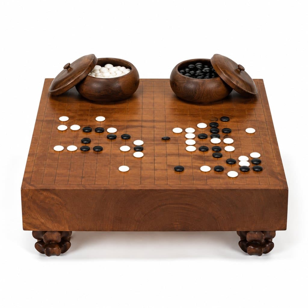 木质围棋棋盘与黑白云子，古风宫廷写实道具，3D资产参考