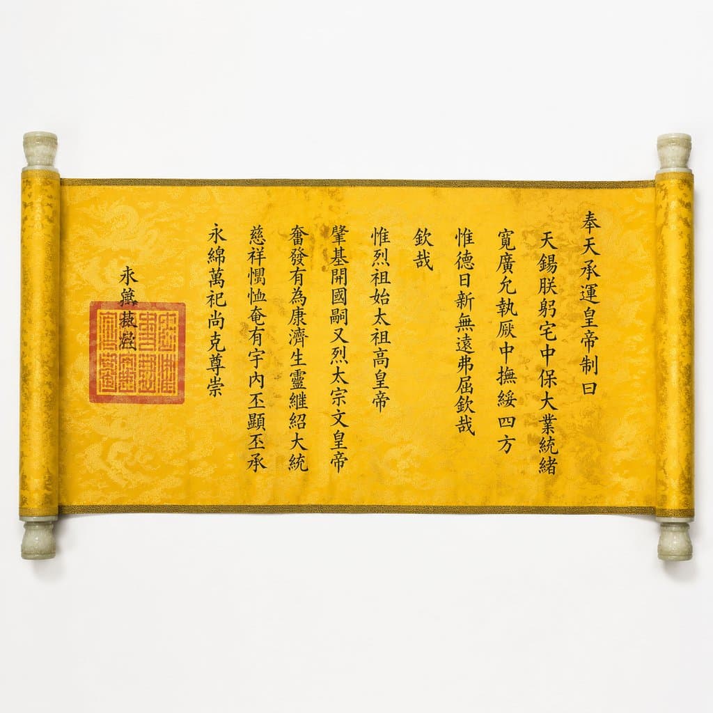 明黄织金云龙卷轴圣旨，玉轴朱印，古装宫廷写实道具