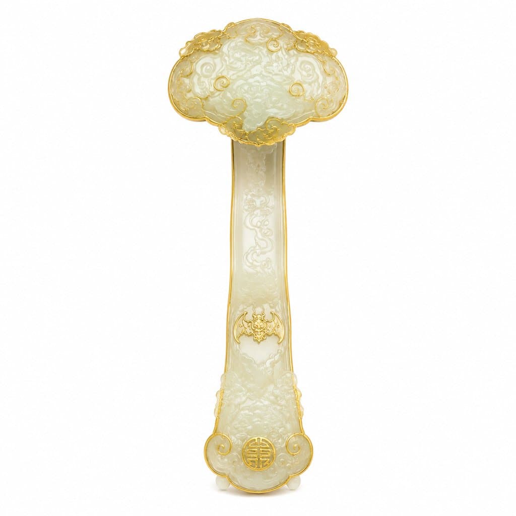 白玉灵芝云头如意，描金祥瑞纹饰，古装宫廷写实道具