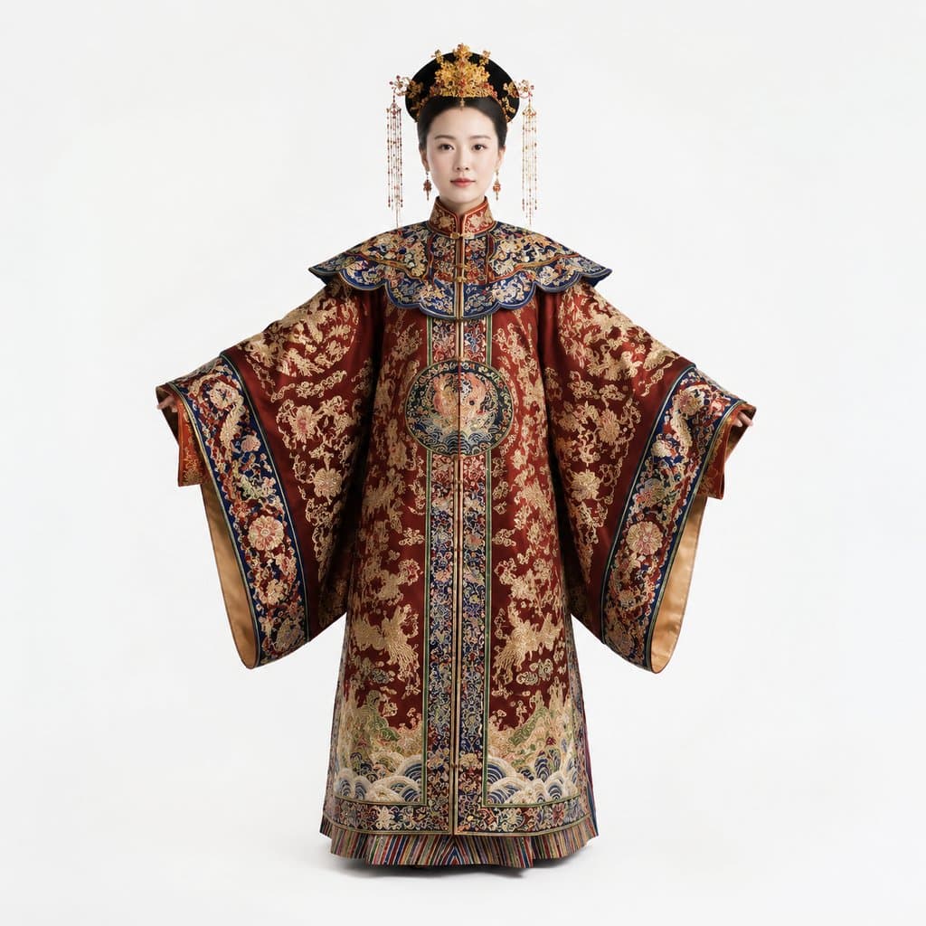 身穿织金补服的妃嫔，广袖朝服，云肩补子，古装宫廷写实风格