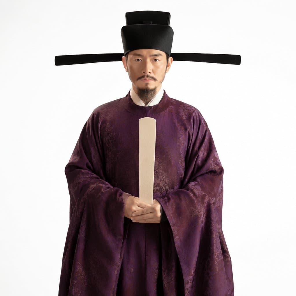 古代官员手持象牙笏板，身着紫色官袍，头戴乌纱帽，写实风格古装宫廷道具