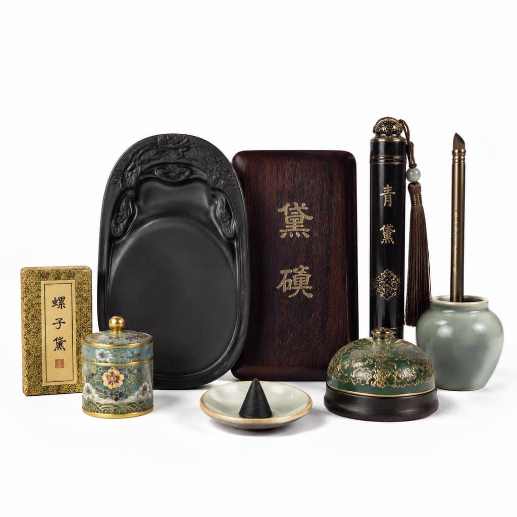 古装宫廷写实妆粉螺子黛道具，含黛砚、青黛管、画眉笔等精致器物，中式古典风格