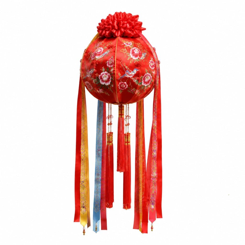 红色绣球，绣有花卉鸟纹，配彩绸垂穗，古装宫廷风格写实道具