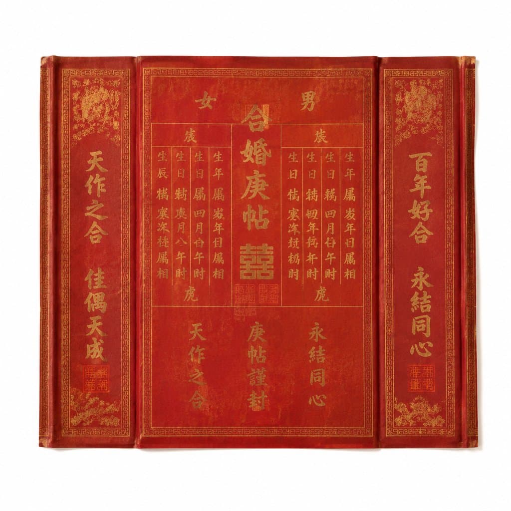 红色喜帖，金色文字，传统中式合婚庚帖，写实古装宫廷风格