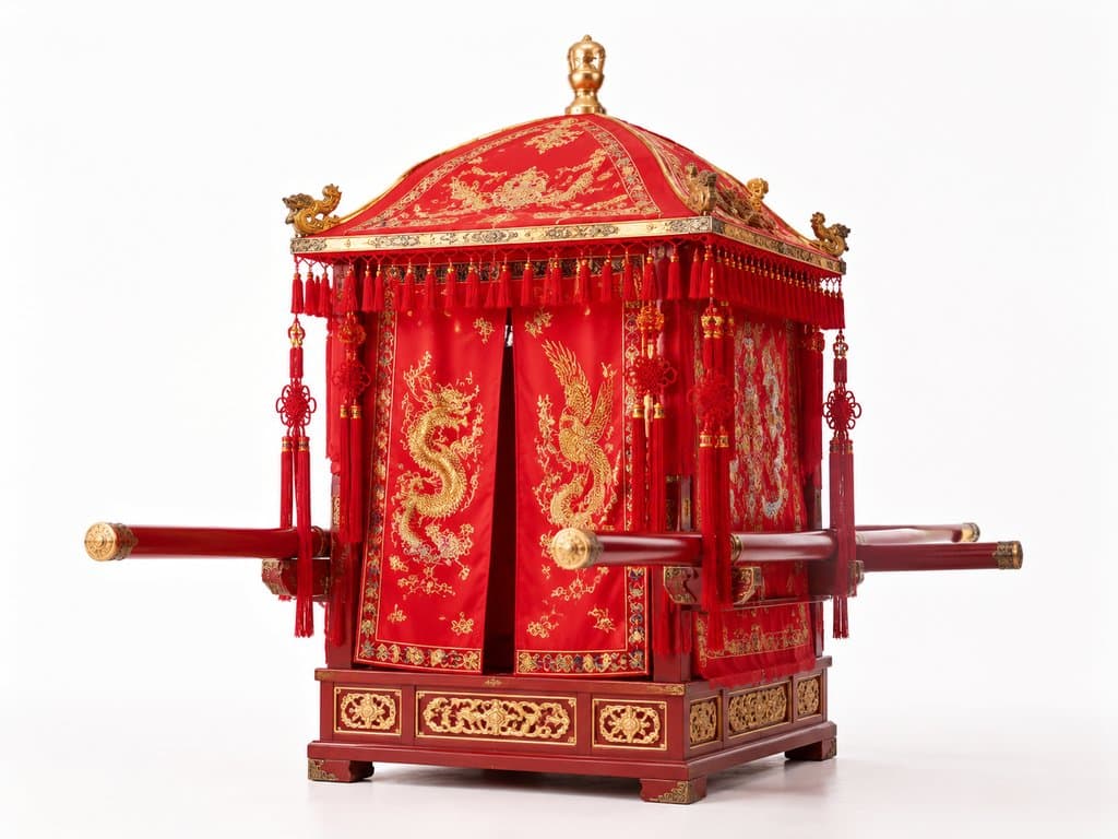 红色绣龙凤花轿，金色流苏帷帘，古典宫廷风格抬轿