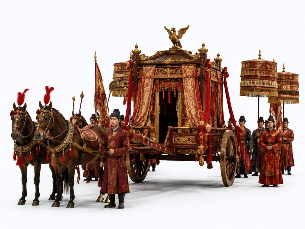 古代和亲凤辇仪仗，红金华盖帷幔，马车由四匹骏马牵引，侍卫持旌旗与华盖，古装宫廷写实风格