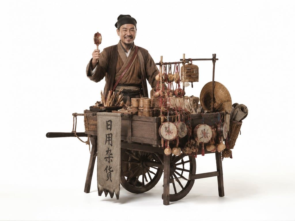 古装货郎推着杂货车，手持拨浪鼓，车挂日用杂货，写实风格