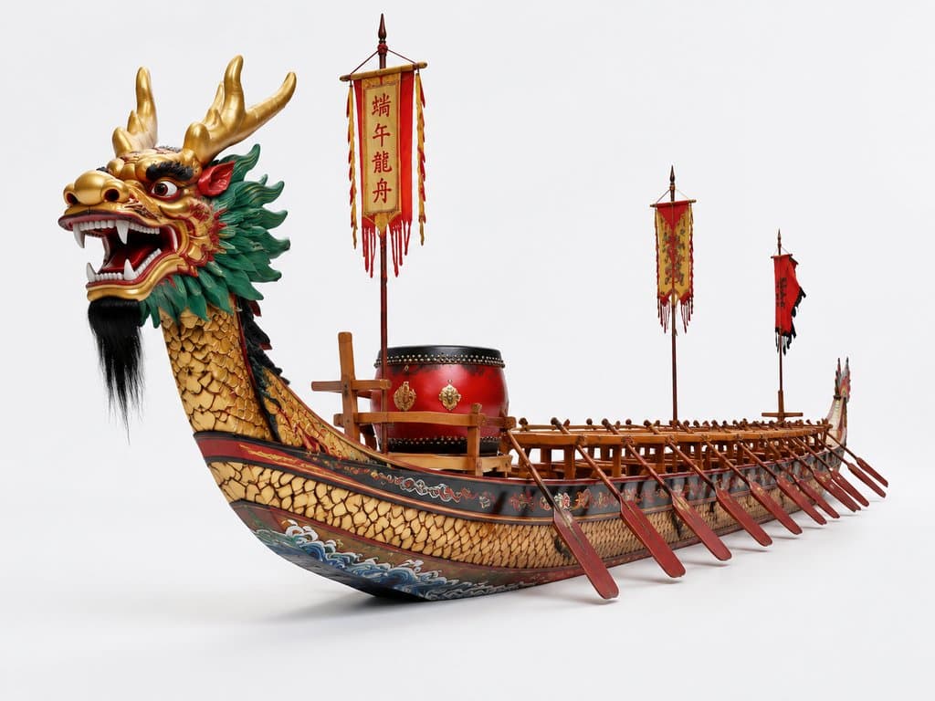 金色龙首彩绘龙舟，配红色鼓和桨，传统中式竞渡船