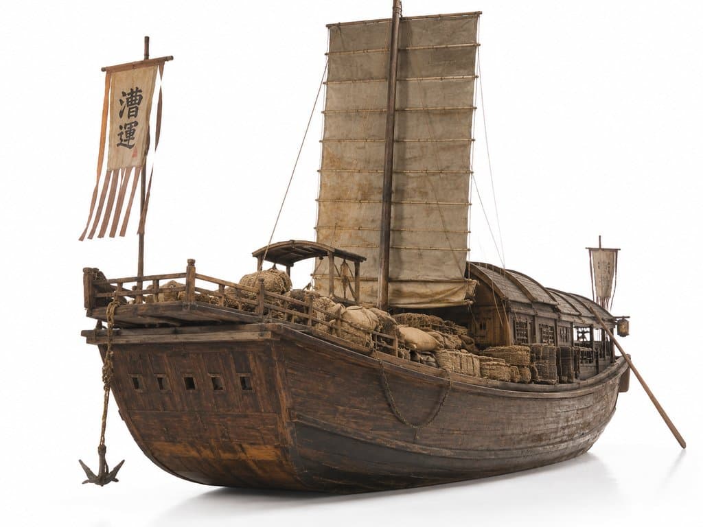 古代漕运货船模型，木质船身载满漕粮，配帆篷与旗帜，写实风格