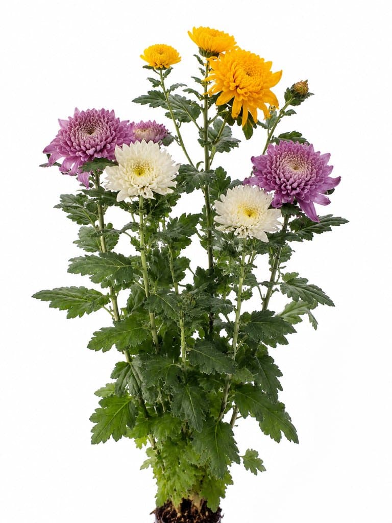 金黄、白色和紫色菊花，层叠花瓣，绿叶衬托，写实风格植物图