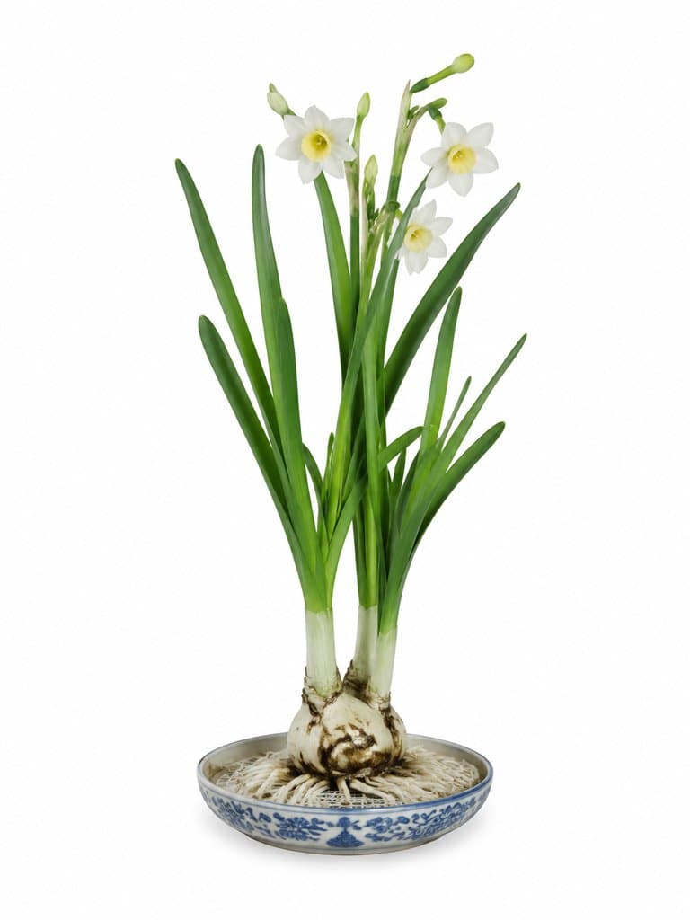 水仙花，素白花瓣，碧绿叶片，球根清晰可见，置于青花瓷盘中，写实风格