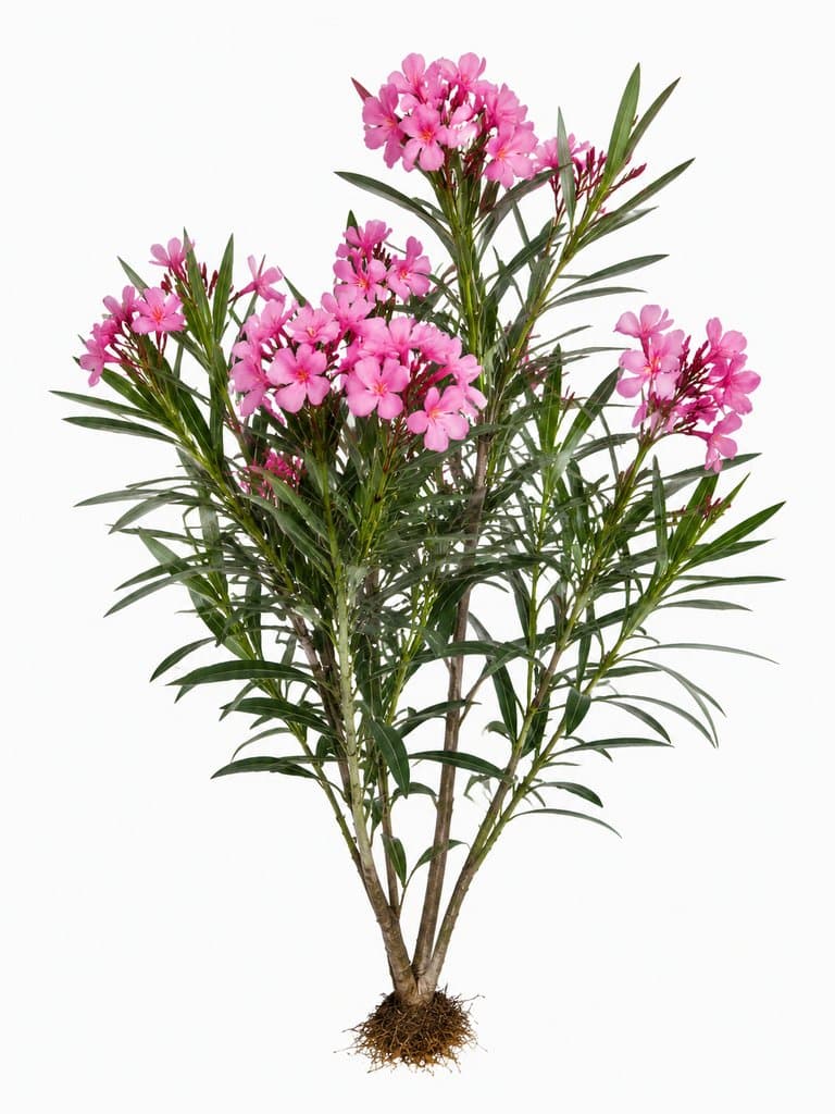 粉红色夹竹桃花，细长绿叶，剧毒植物，写实风格3D参考图