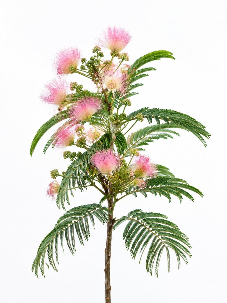 粉红色合欢花，羽状绿叶，绒球状花朵，写实风格植物图