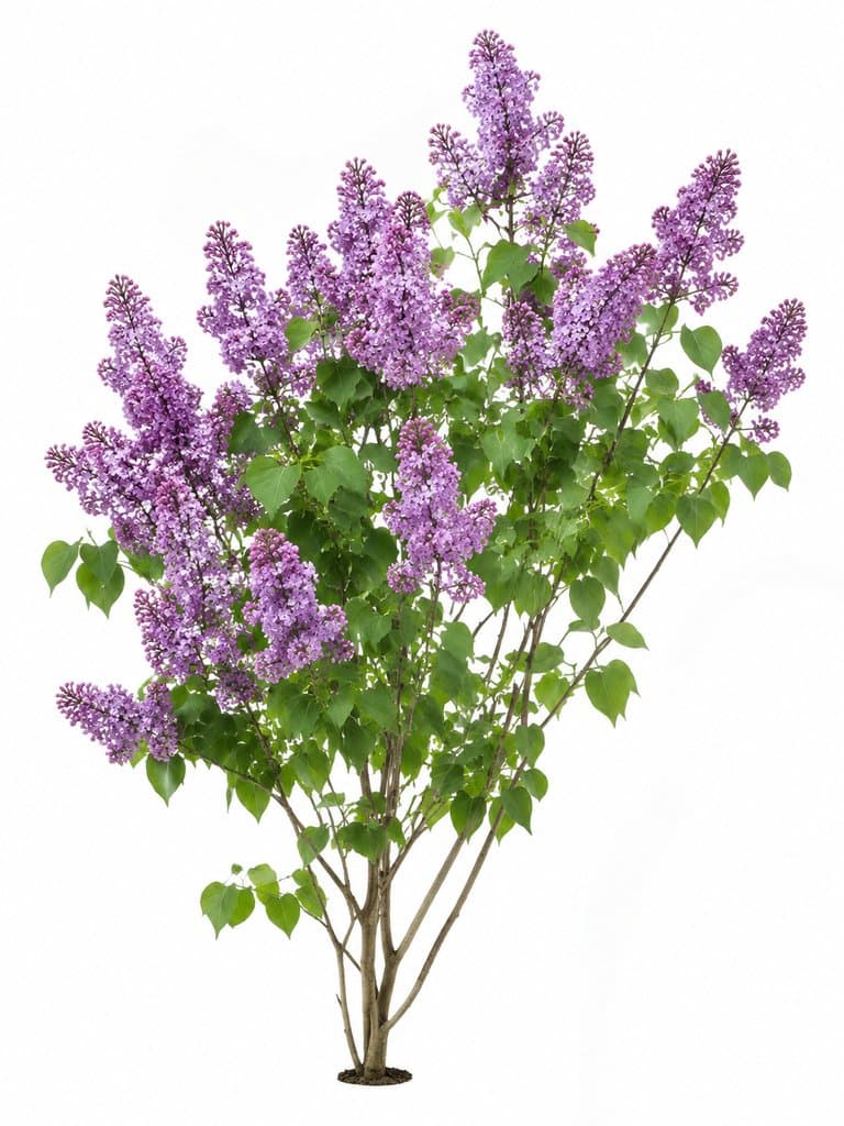 盛开的紫色丁香花，心形绿叶簇拥，3D写实风格植物