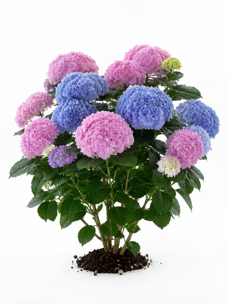 蓝粉相间的绣球花簇，繁茂盛开，写实风格3D植物模型