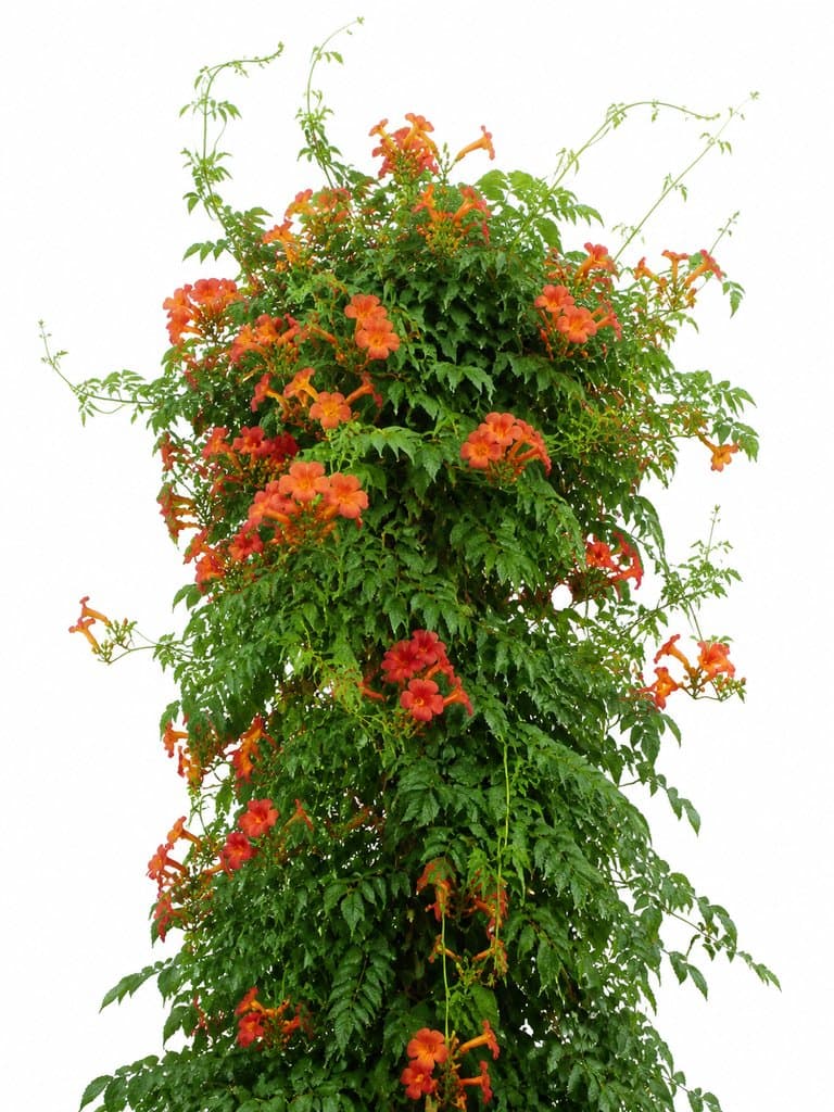 橙红色喇叭状凌霄花藤蔓繁茂，绿叶衬托，写实风格植物图