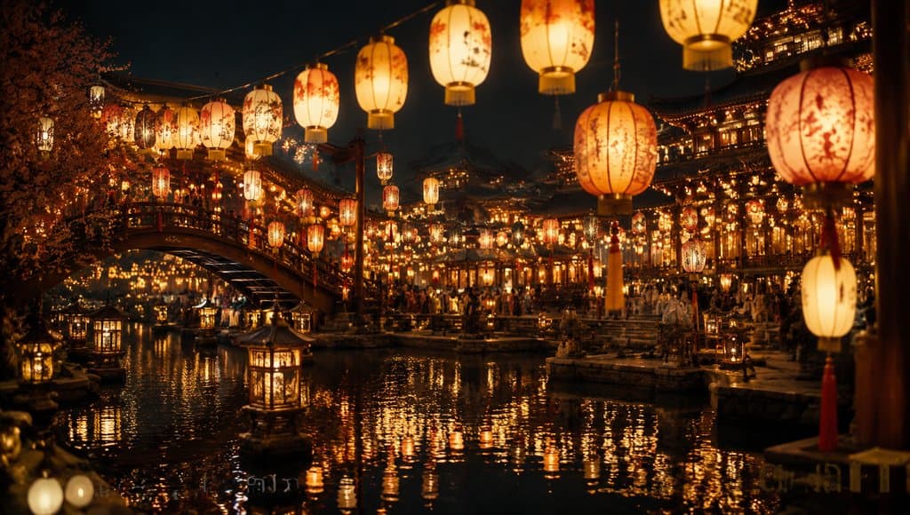古风宫廷夜景，宫灯流光溢彩，倒影映水，华美写实