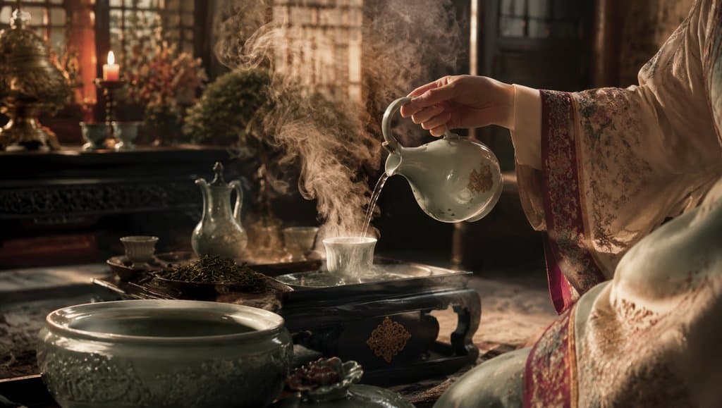 古装人物手持茶壶倒茶，热气升腾，宫廷雅致场景