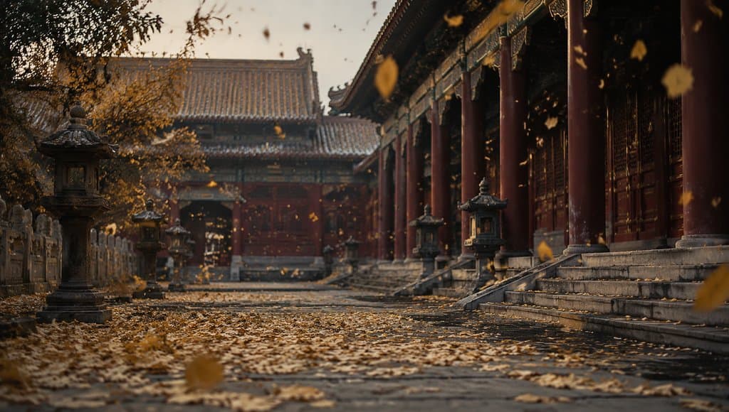 古装宫廷秋景，落叶纷飞，红墙黄瓦，写实风格