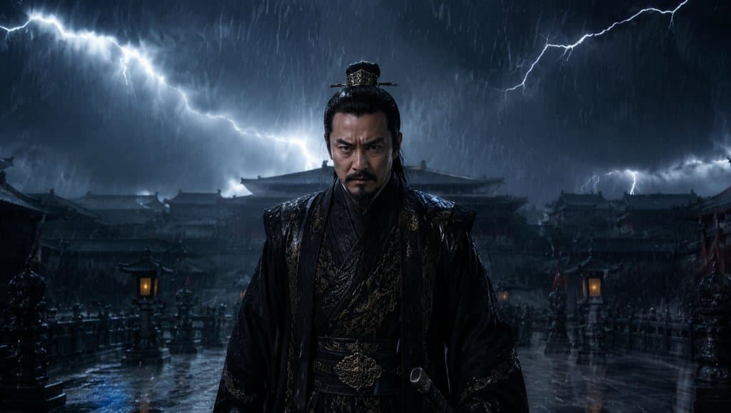 古装男子在雷雨夜宫廷中，闪电照亮黑暗，写实风格