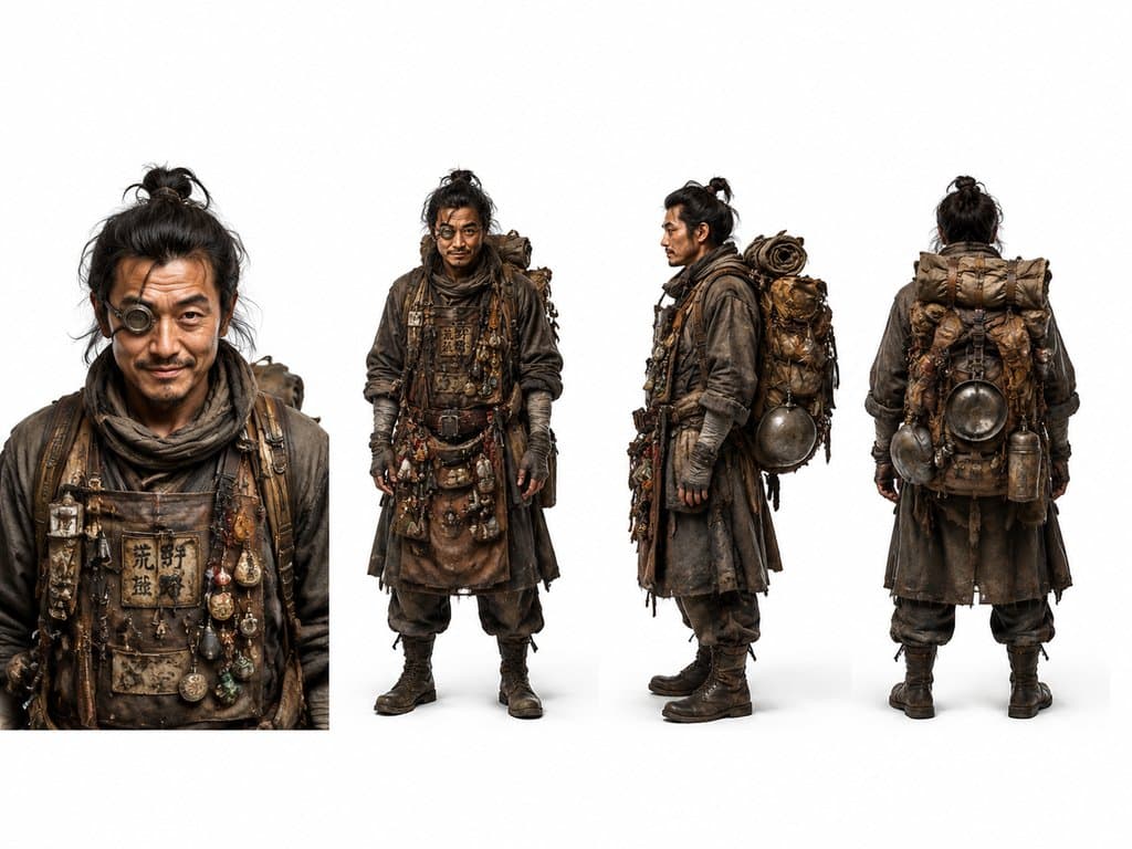 末世商人，身穿杂货围裙，背负货囊，佩戴单片镜，写实废土风格角色