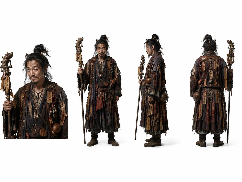 末世神棍身穿花哨破袍，手持符铃神棍，油滑写实风格角色