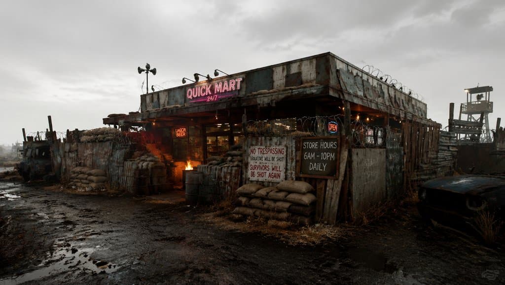 末世废土风格的加固便利店，霓虹灯闪烁，沙袋围栏，写实场景