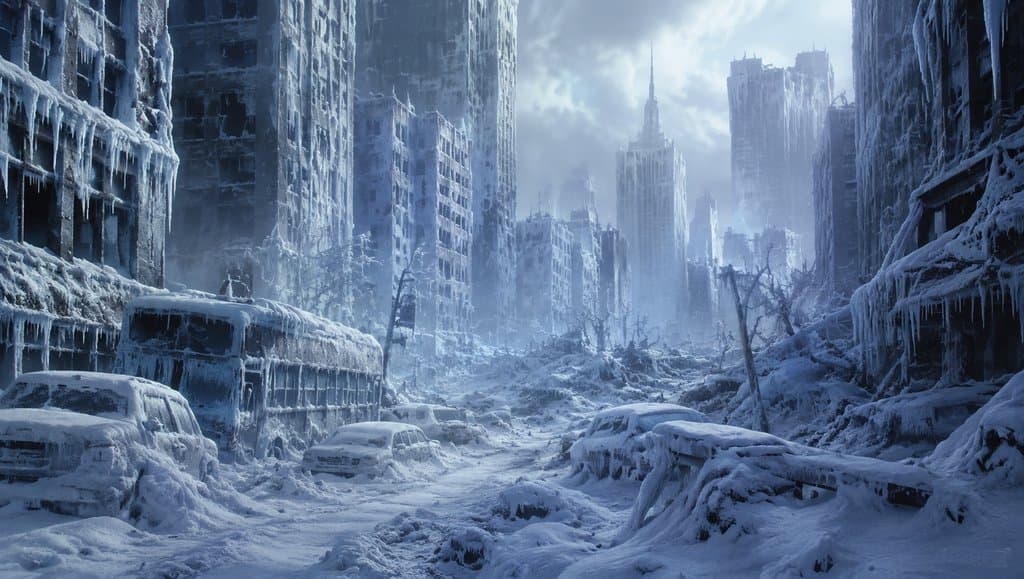 冰封城市废墟，积雪覆盖的车辆与高楼，冰棱悬挂，末世极寒场景