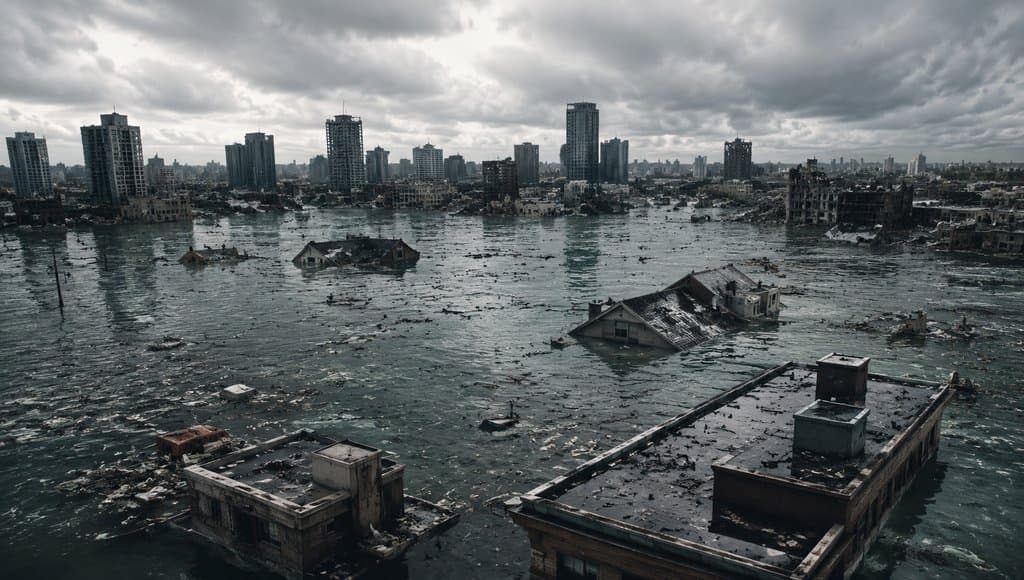 洪水淹没的城市街区，残破建筑漂浮水面，阴沉天空下的末世废土场景