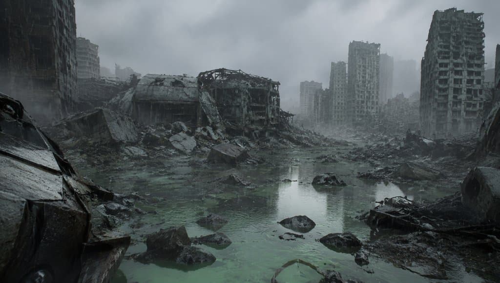 末世废土中酸雨腐蚀的废弃城市，墨绿色水洼与残破建筑，写实风格