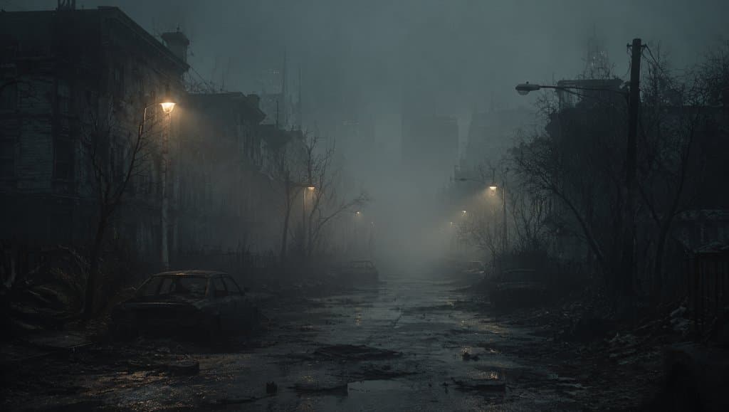 浓雾笼罩的废弃街区，昏黄路灯闪烁，破旧车辆散落，末世废土写实场景