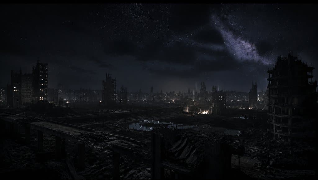 永夜下的废墟都市，零星光源，磷光闪烁，死寂末世场景，写实风格
