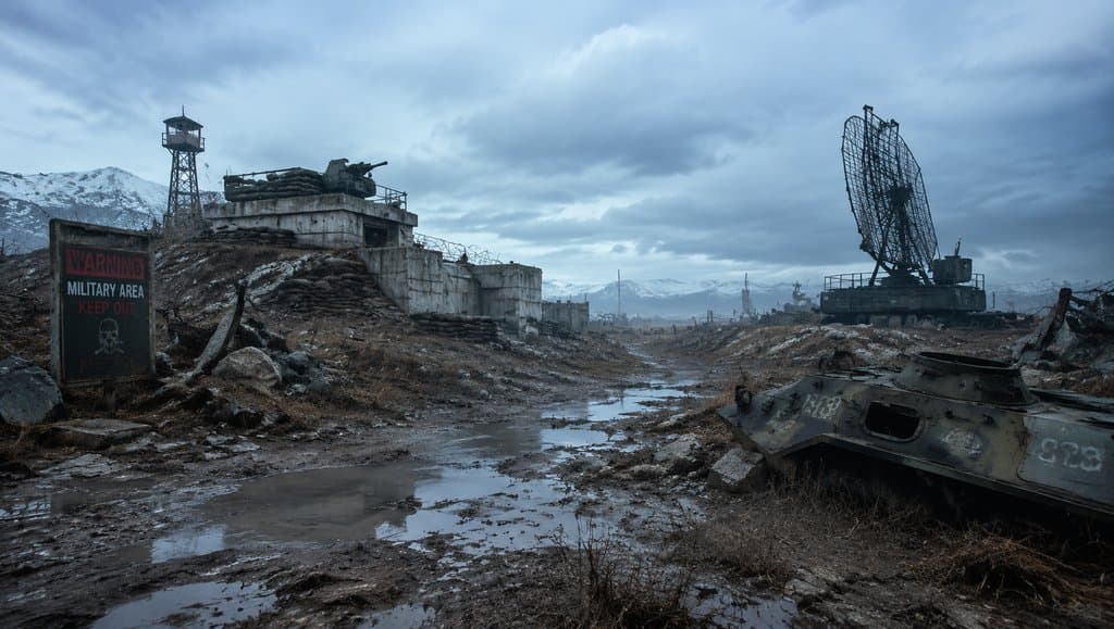 废弃军事基地，破败碉堡与装甲残骸，雷达天线矗立，泥泞道路，末世废土写实风格
