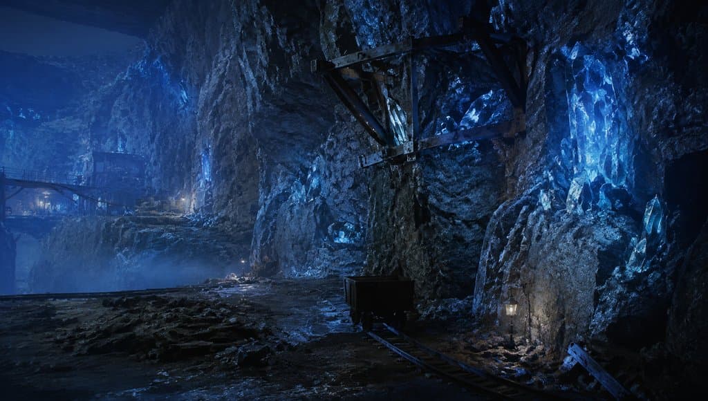 幽蓝晶核矿区，矿车轨道穿行于发光蓝晶簇间，末世废土写实风格场景