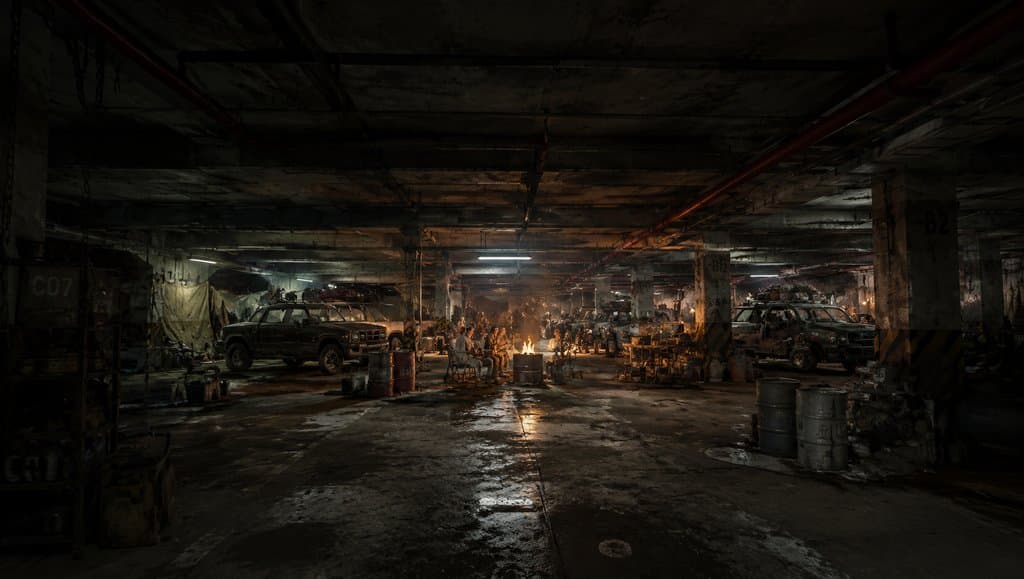 末世废土风格地下停车场据点，幽暗环境中油桶火光映照，车辆与人物围坐，写实3D场景