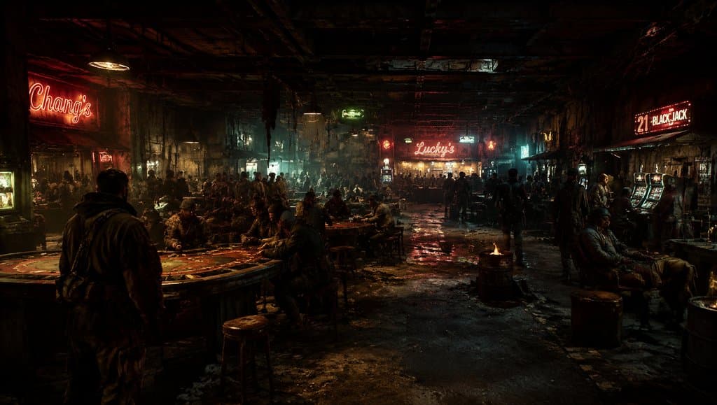 末世废土风格地下黑市赌场，霓虹灯闪烁，烟雾弥漫，人群围坐赌桌，写实场景